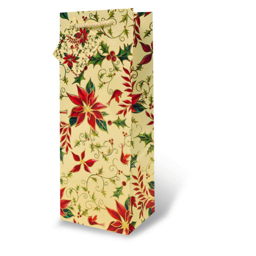 Printed Paper Wine Bottle Bag  - White Holly & Poinsettia