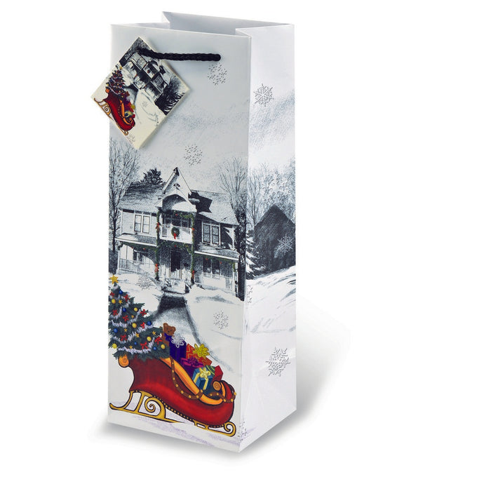 Printed Paper Wine Bottle Bag  - Sleigh