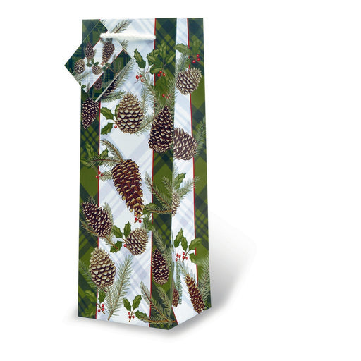 Printed Paper Wine Bottle Bag  - Pine Cones