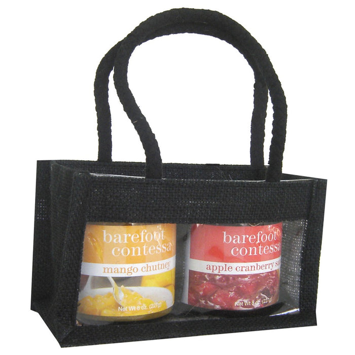 2 Bottle Jute mini Gourmet Bag - Black with Windows