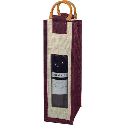 Jute Wine Bottle Bag - Burgundy with Window