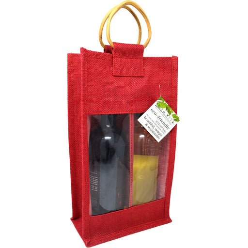 2 Bottle Jute  Bottle Bag - Red