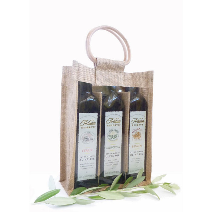 3 Bottle Jute Olive Oil Bottle Bag - Natural with Windows